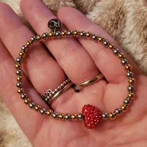 Rustic Cuff Red heart gold and silver bead bracelet
